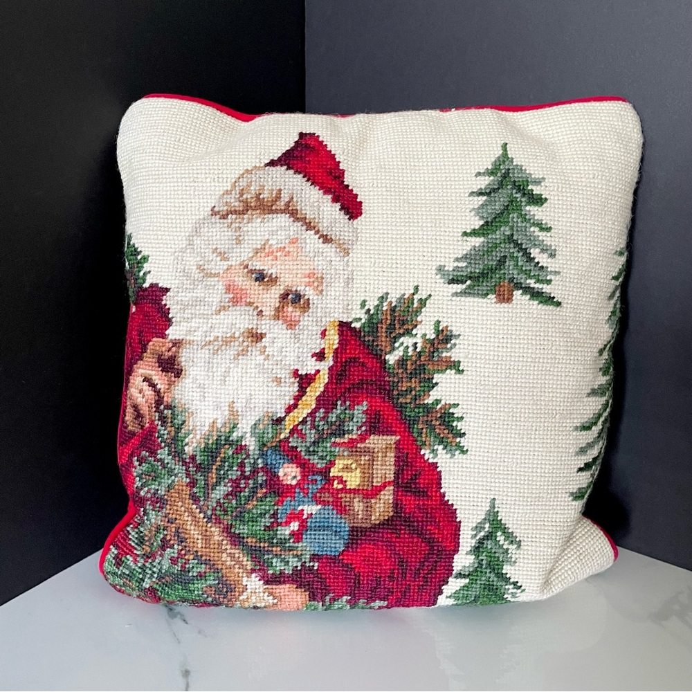 Santa with Trees Holiday Needlepoint Pillow